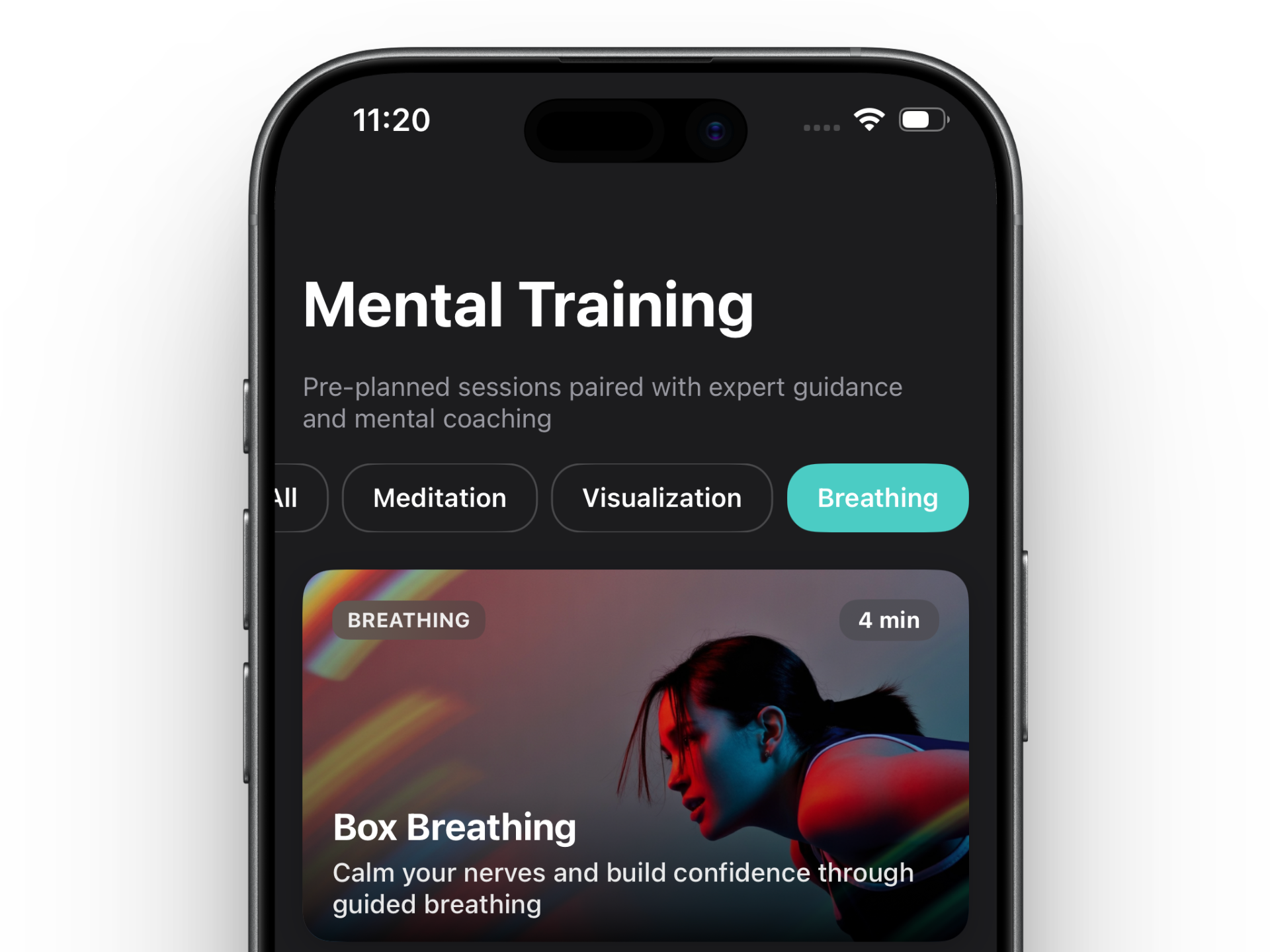 Sessions list with Breathing filter selected showing Box Breathing