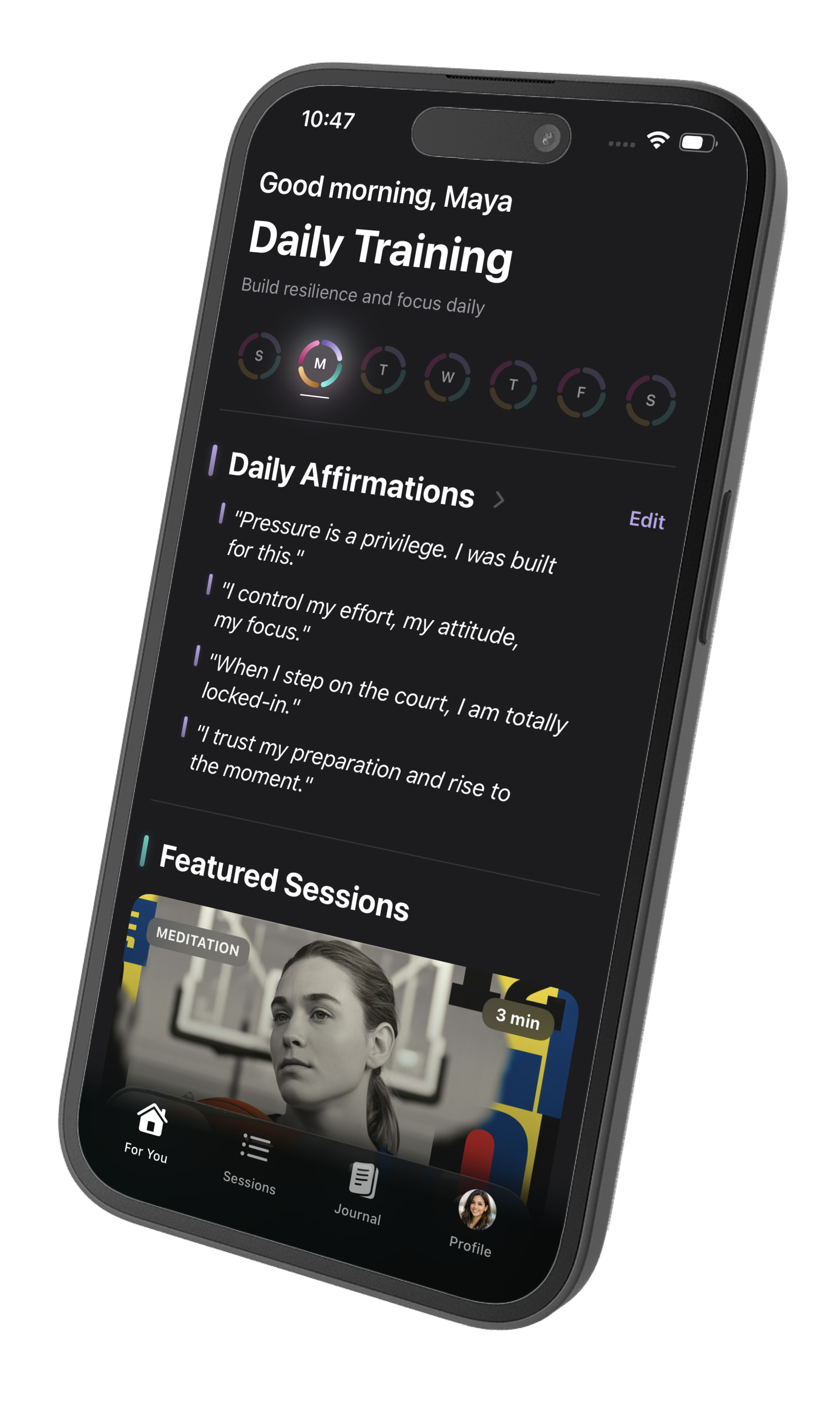 NowRise app showing daily training dashboard with affirmations and featured sessions